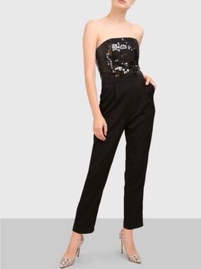 Alice + Olivia Black Strapless Sequin Bodice Jumpsuit